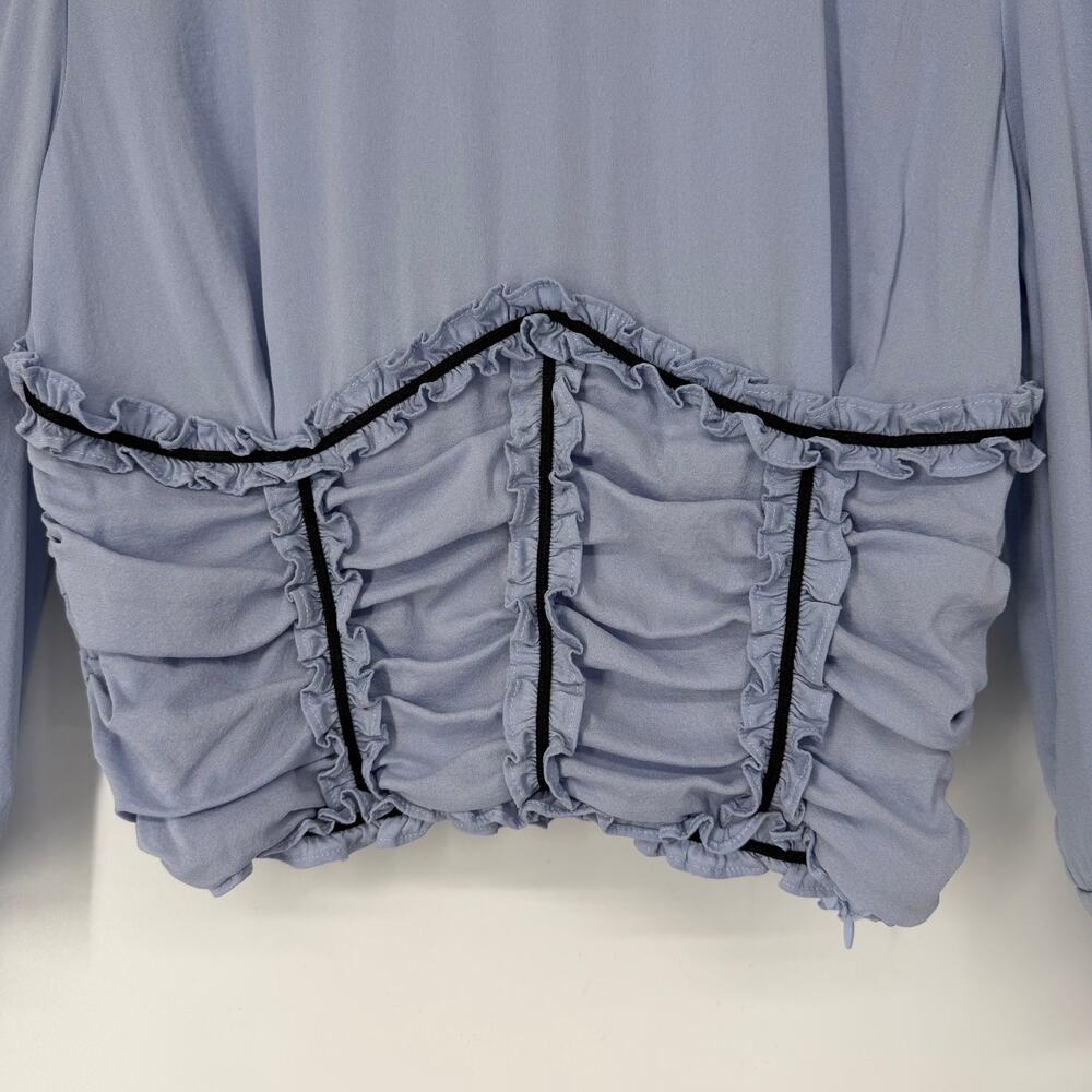 fleur du mal Love Bound Ruched Stretch Silk Top Ruffle Puff Sleeve Corset Blouse - Picture 5 of 12